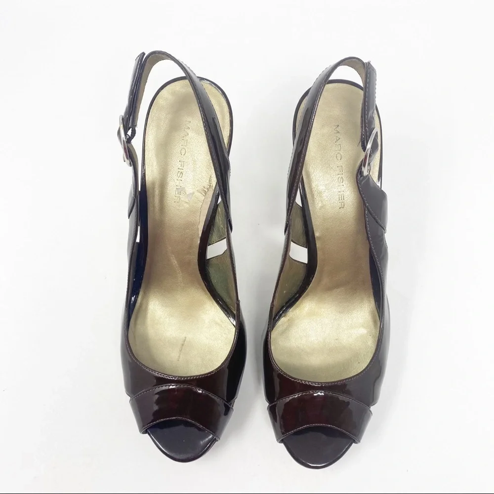 MARC FISHER Open Toe Patent Leather Platforms 8